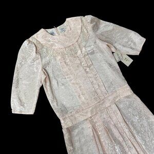 Vintage Peach Floral Dress 80s Nilani Korea Sz 8 Lace Shoulder Pads Drop Waist